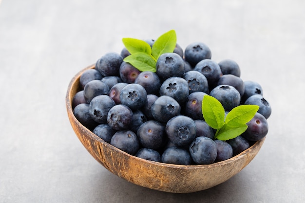 Fresh blueberries natural coconut in a bowl on a gray background.