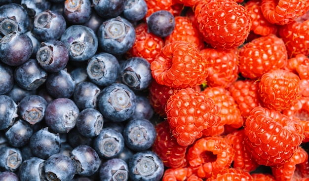 Fresh blueberries and raspberrys background or backdrop. Vegan and vegetarian concept. Macro texture of blueberry and raspberry berries. Summer healthy food.