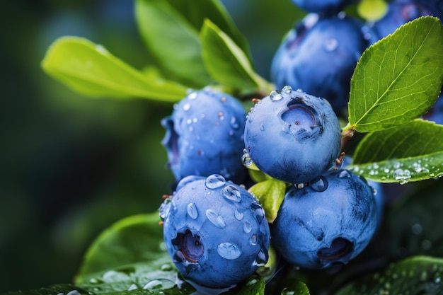 Fresh blueberries with water droplets on branch