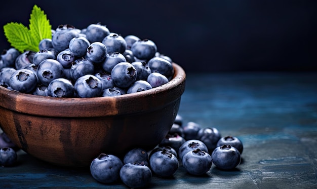 Fresh blueberries in a wooden bowl on a dark rustic table Created with generative AI tools