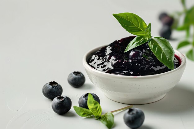 Fresh blueberry jam with basil leaves and whole blueberries on a light background in a cozy kitchen setting