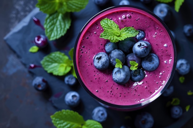 Fresh blueberry smoothie with mint garnish