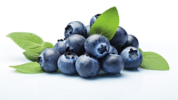 Fresh Blueberry on White Background Close up of Blue berries with green leaves Delicious healthy dessert rich in vitamins and minerals Organic eco product For label poster brochure food blog