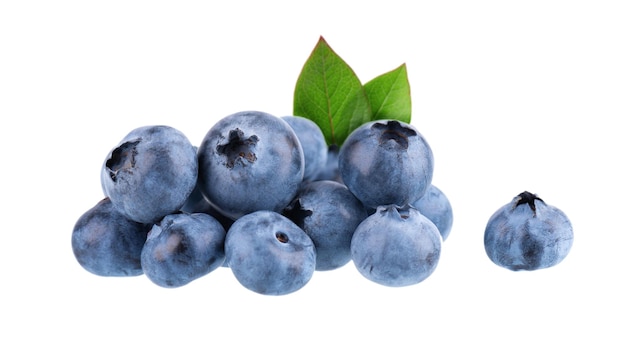 Fresh blueberry with green leaves isolated on white background Bilberry or whortleberry berries Collection Clipping path