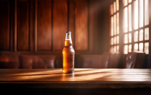 Fresh bottle of beer on bar table with bokeh background and empty space for text Mock up