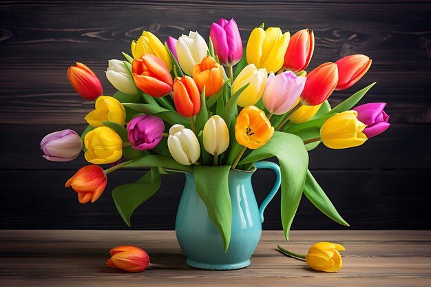 Fresh bouquet of multi colored tulips on table generated