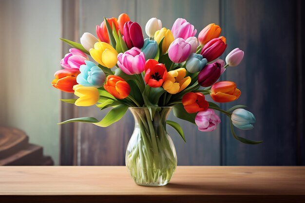 Fresh bouquet of multi colored tulips on table generated