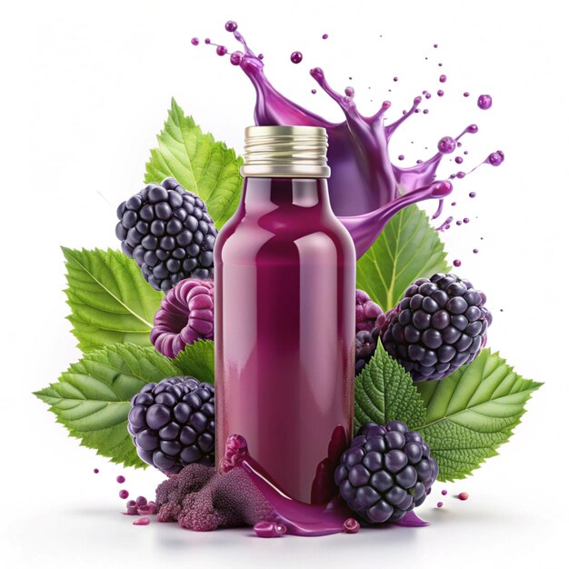 Photo fresh boysenberry juice bottle with boysenberry for advertisement mockup boysenberry juice bottle mo