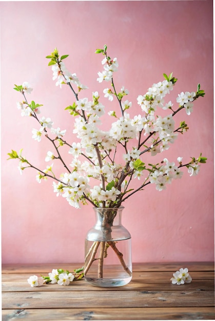 Photo fresh branches of white cherry blossoms in glass vase on table at pastel pink wall empty place for inspirational emotional sentimental text lovely quote or positive sayings front