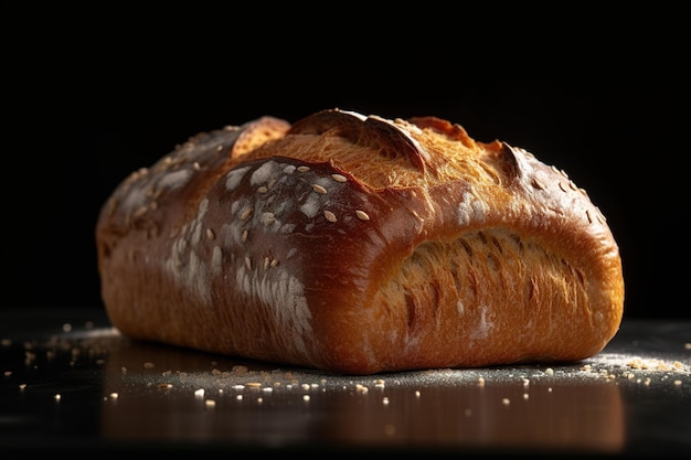 Fresh bread on black table with crumbs Made with Generative AI