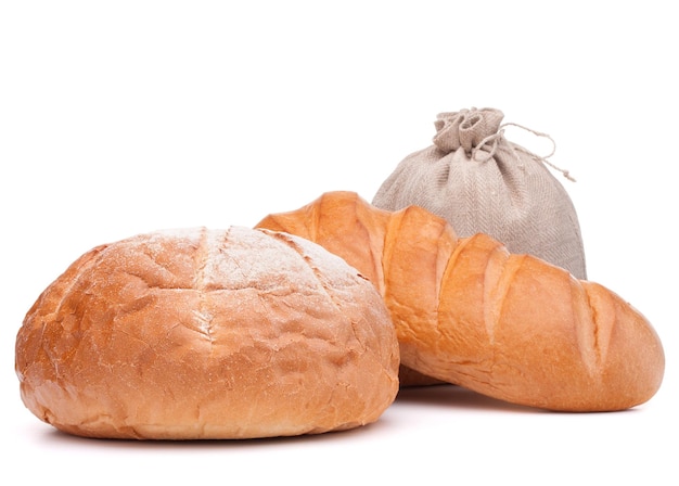 fresh bread and flour sack isolated on white background cutout