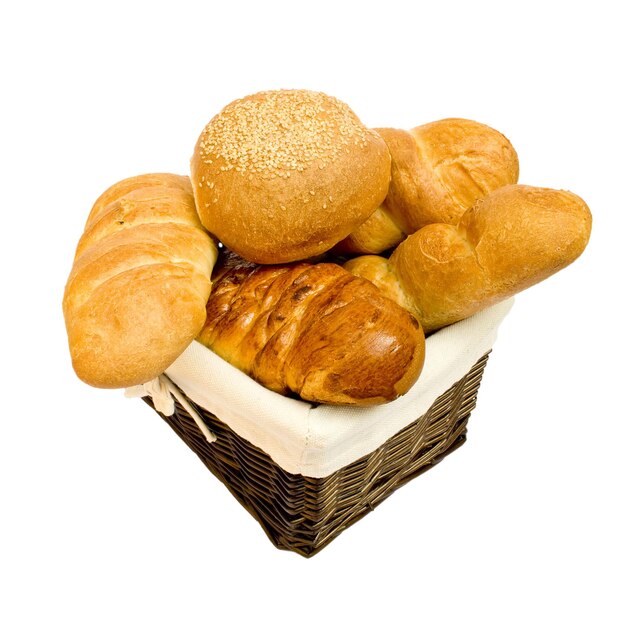 fresh bread rolls in a basket on the white backgrounds