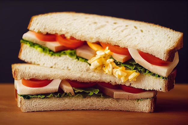 Fresh bread sandwich with salad lettuce tomatoes cheese