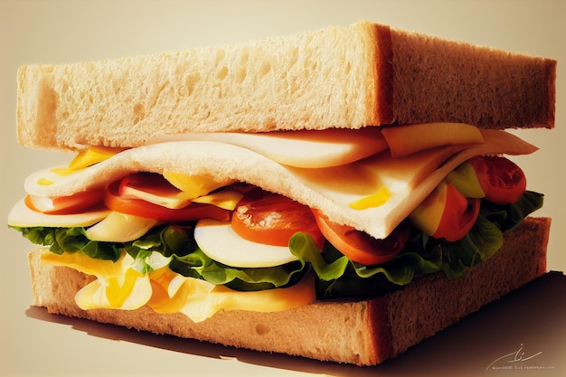 Fresh bread sandwich with tomatoes ham cheese egg salad lettuce