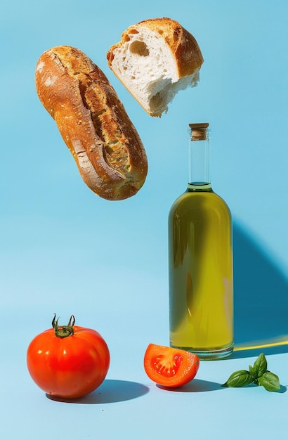 Fresh bread tomato and olive oil against a blue background creating a vibrant culinary concept