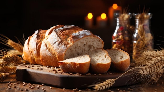 fresh bread and wheat on the wooden