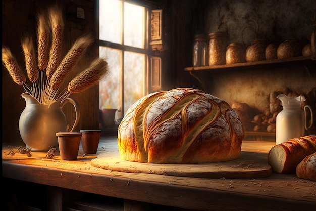 Fresh bread with a crust on a wooden table in a bakery