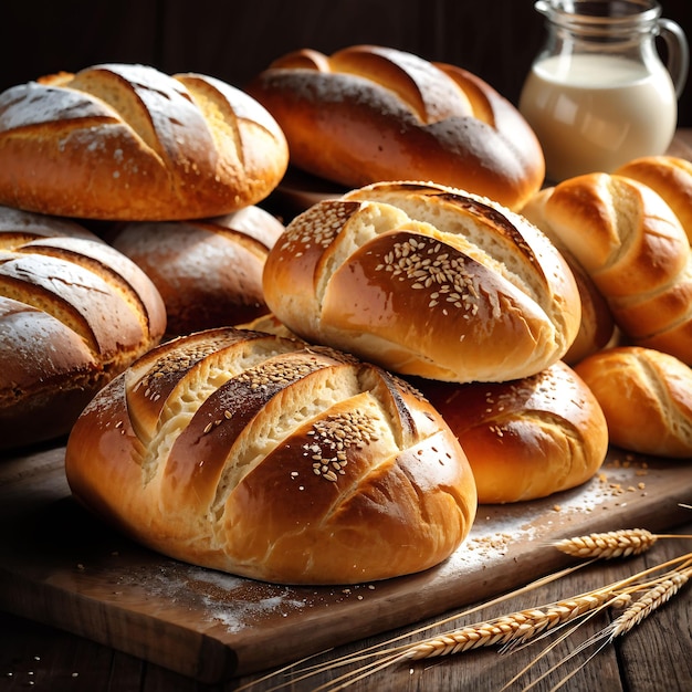 fresh breads on a wooden table with a jar of milk