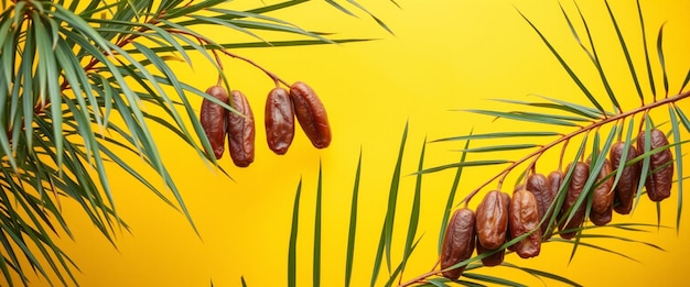 Photo fresh and bright date palm fruit clean yellow background