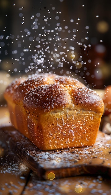 Fresh Brioche Bread Sprinkled with Powdered Sugar on Rustic Wooden Table with Warm Light