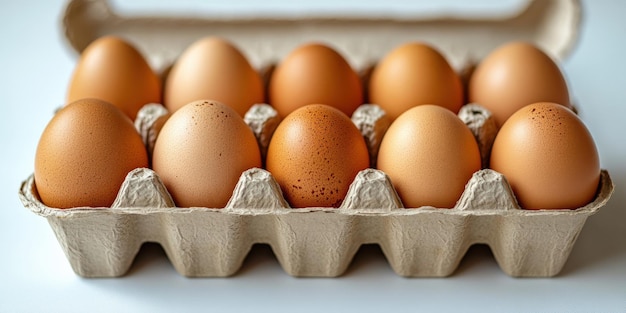 Photo fresh brown eggs in open carton box