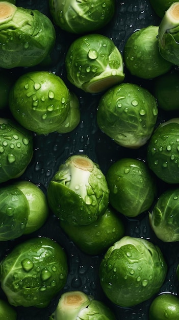 Fresh Brussel Sprouts Seamless Background with Glistening Droplets of Water