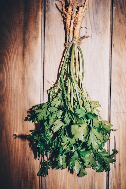 A fresh bunch of parsley suspended on a rope on a wooden background