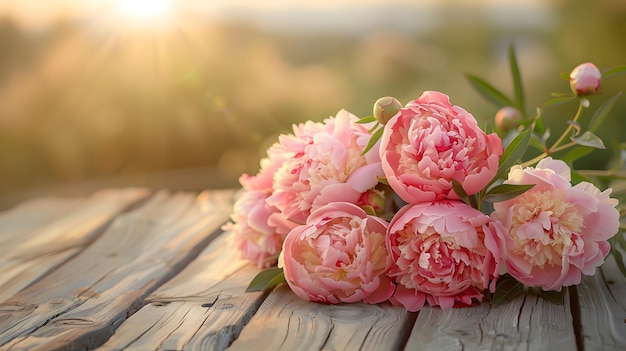 Photo a fresh bunch of peonies in shades of pink and cream laid gracefully on a weathered wooden surface i