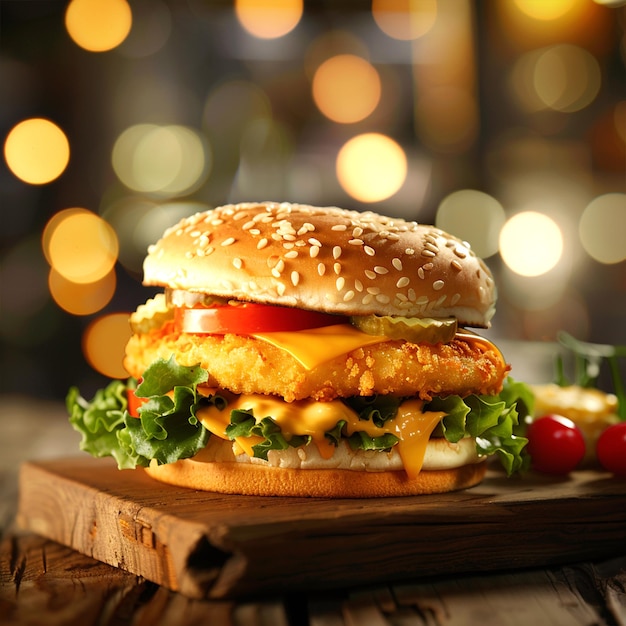 Fresh burger cheese top on wooden table and backdrop abstract blurred