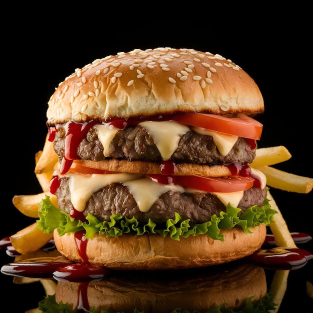 Fresh burger with layers of grilled meat with tomatoesdelicious burger king with black background