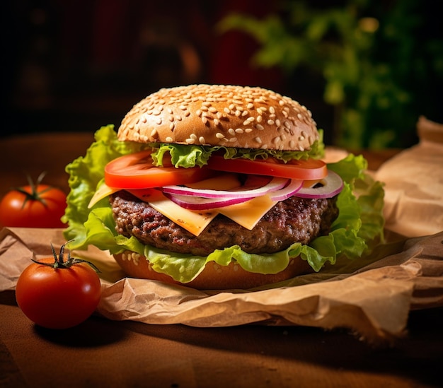 Fresh Burger with melted cheddar cheese and bacon on a gray surface