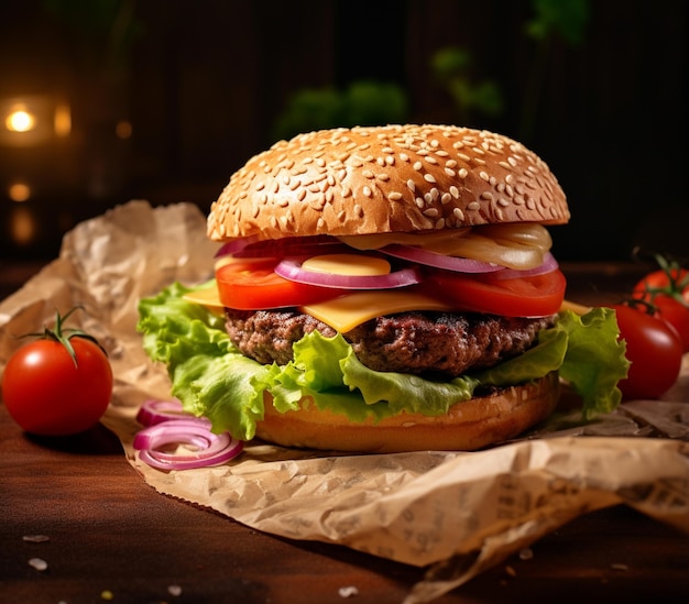 Fresh Burger with melted cheddar cheese and bacon on a gray surface