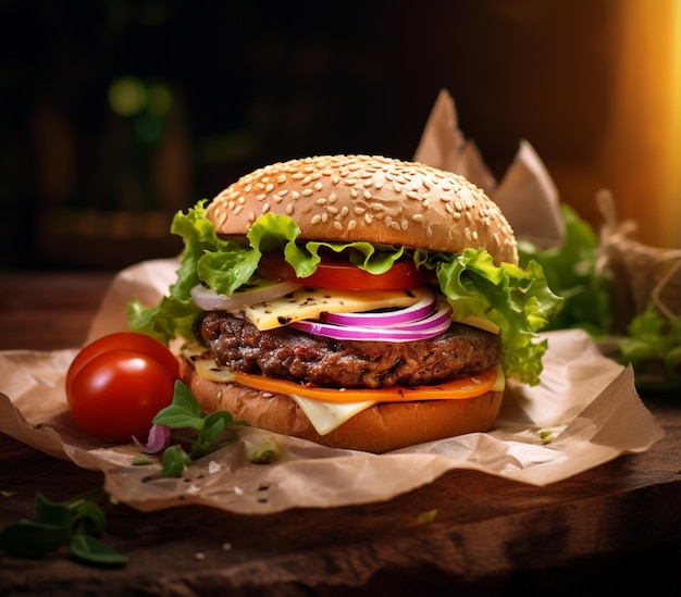 Fresh Burger with melted cheddar cheese and bacon on a gray surface