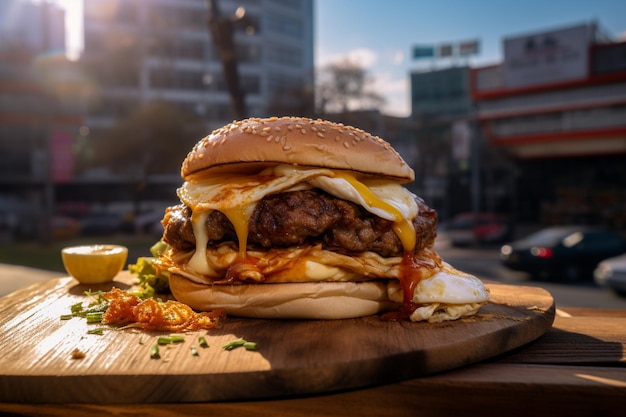 Fresh Burger with melted cheddar cheese and bacon on a Table