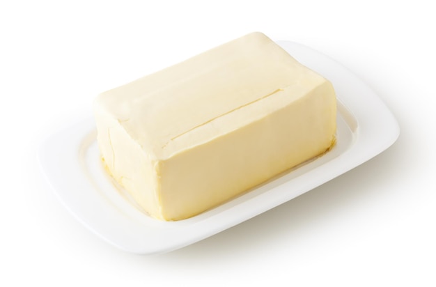 Fresh butter on white butter dish isolated on white background with clipping path