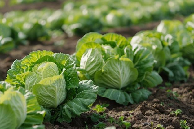 Fresh cabbage heads in sunlit garden