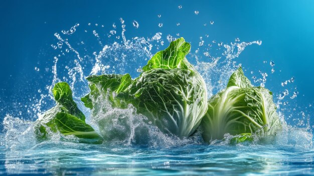 Photo fresh cabbage splashing in water vibrant blue background healthy food concept