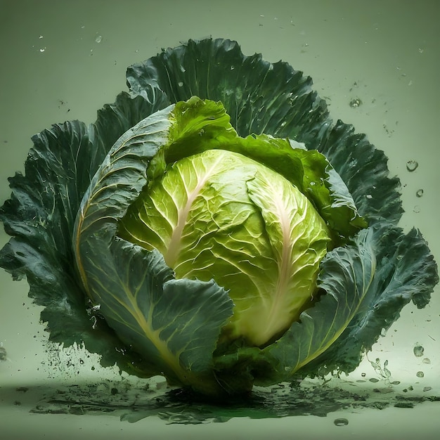 A fresh cabbage with water drops flying in the air green solid color Generative AI