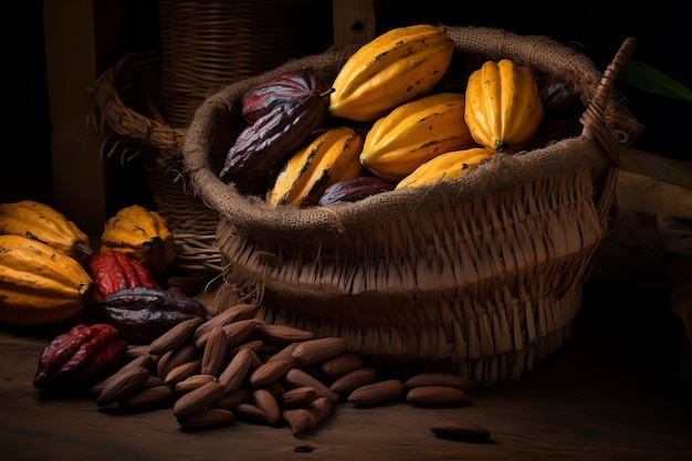 Fresh Cacao fruit in a basket