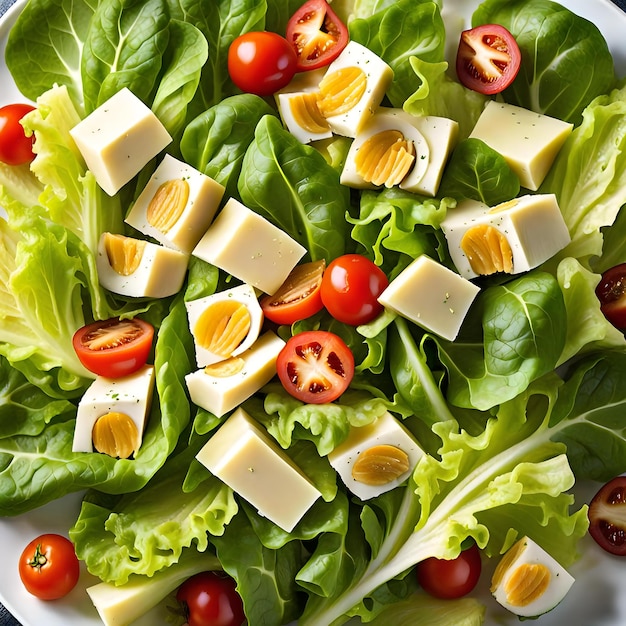 Fresh Caesar Salad Ingredients Cascading onto White Plate