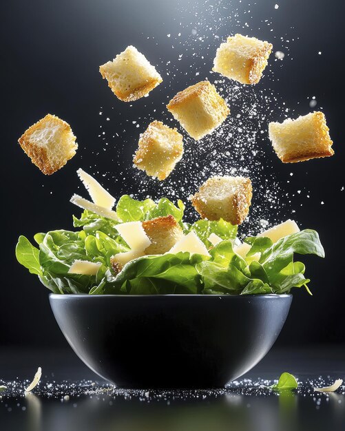 Fresh Caesar salad with croutons and cheese falling into bowl creating delightful scene