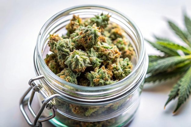 Photo fresh cannabis buds in a glass jar on a standard white scale for precise measurement generative ai