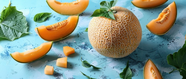 Fresh Cantaloupe Melon with Slices and Green Leaves on a Blue Background