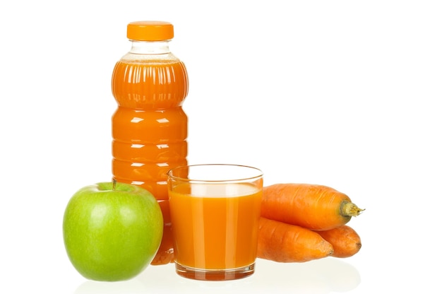 Fresh carrot and apple juice isolated on white background