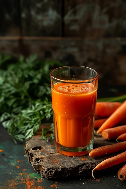 Fresh carrot juice in a glass on a wooden table