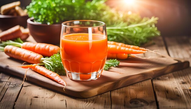 Fresh carrot juice in glass on wooden table