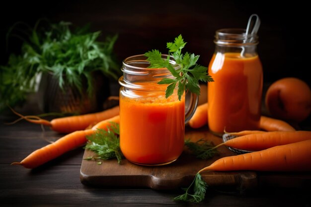 Fresh carrot juice with fresh carrots on a wooden table dark background Generative AI