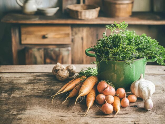 Photo fresh carrots and garlic on rustic wooden table