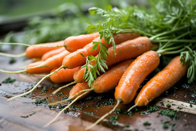 Fresh carrots with green leaves on rustic wooden table selective focus