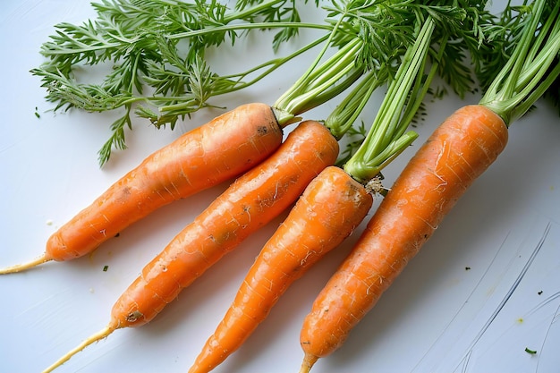 Fresh carrots with green leaves on white wooden table Top view